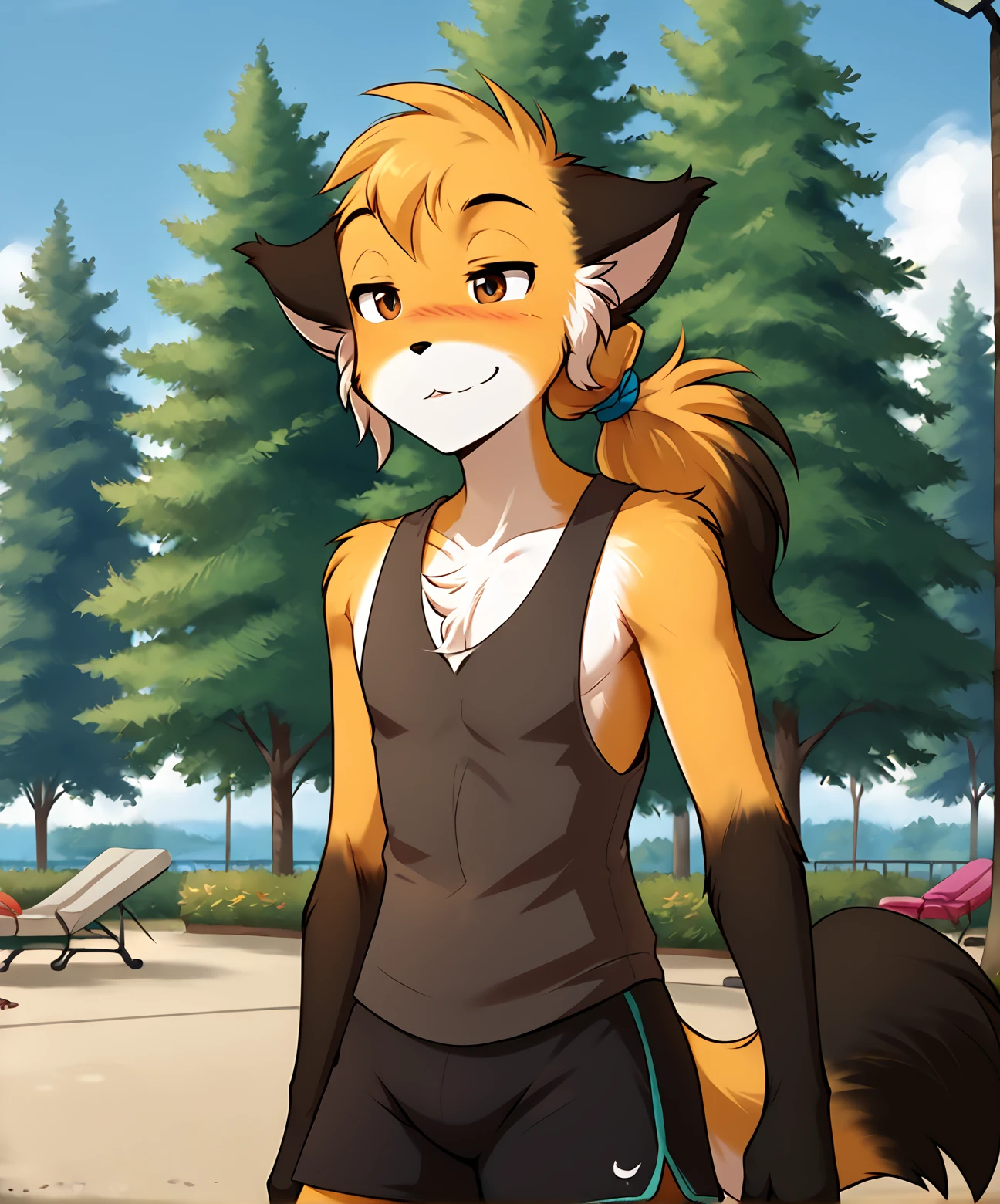 score_9, score_8_up, score_7_up,score_6_up,score_5_up, source_furry
BREAK
solo, furry male anthro, medium hair, ponytail, flat chest, (blushing, seductive, smug), tank top, gym shorts, (outdoors, park), upper body shot
BREAK
<lora:Mike-Twokinds-SDXL-AnonTK-V1-000012:1>, mike-twokinds, keidran, mammal, fox tail, brown eyes