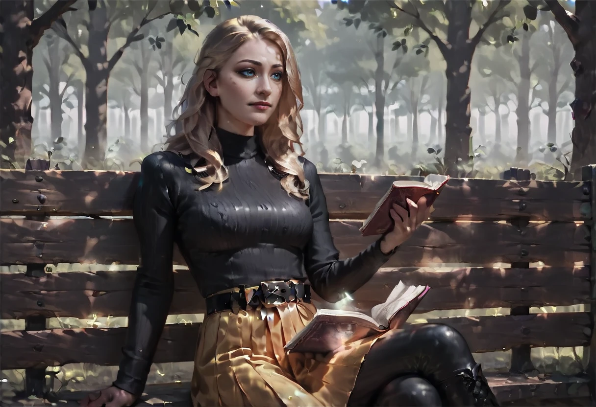 <lora:CelinePXL:1> 1girl, portrait, in a park, dappled sunlight, books, realistic, black sweater, hakama skirt, big belt, sitting on bench, reading, cross legs, tight boots, <lora:hand 4:0.8> Hand, detailed, perfect, perfection, hands