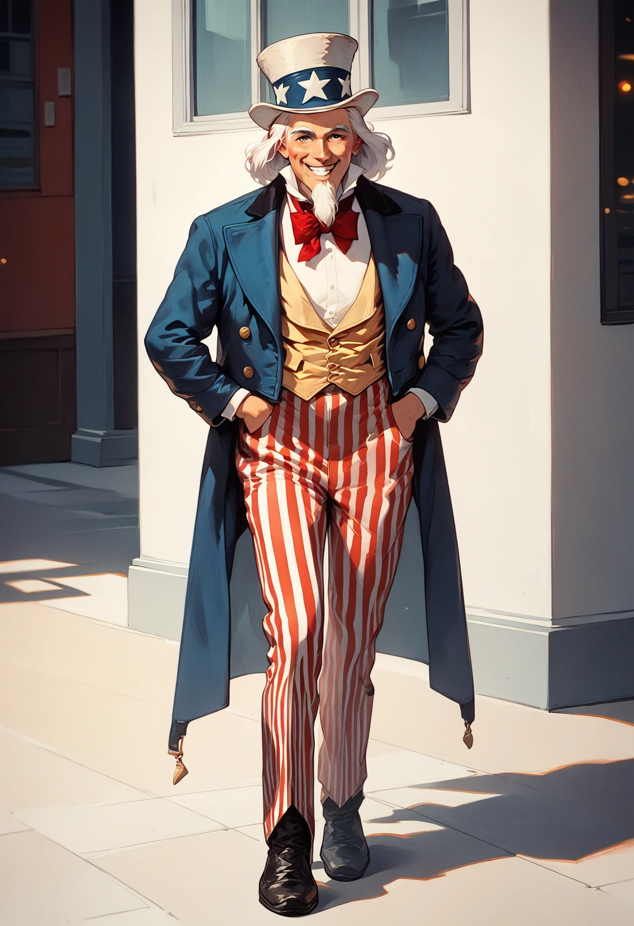 score_9, score_8_up, score_7_up, score_6_up, score_5_up, score_4_up, rating_safe, <lora:uncle_sam_v01:1>uncle sam, 1boy, solo, white hair, long goatee, red vertical-striped pants, blue tailcoat, white top hat, yellow vest, (blue hat band with stars:0.5), white shirt, (black boots:0.5), red bowtie, boot clips, light-skinned male, smiling, looking at viewer, from front, full body, urban, <lora:Kenva:1>knva