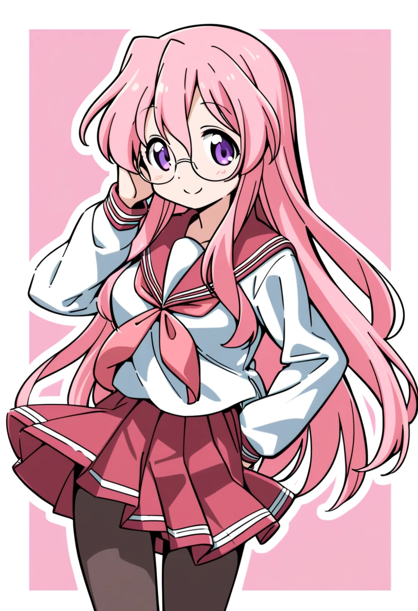 takara miyuki,1girl, glasses, pantyhose, ryouou school uniform, serafuku, school uniform, pink hair, solo, neckerchief, long hair, purple eyes, red neckerchief, pink neckerchief, smile
<lora:Luckystar A31 e1-000009:0.65>