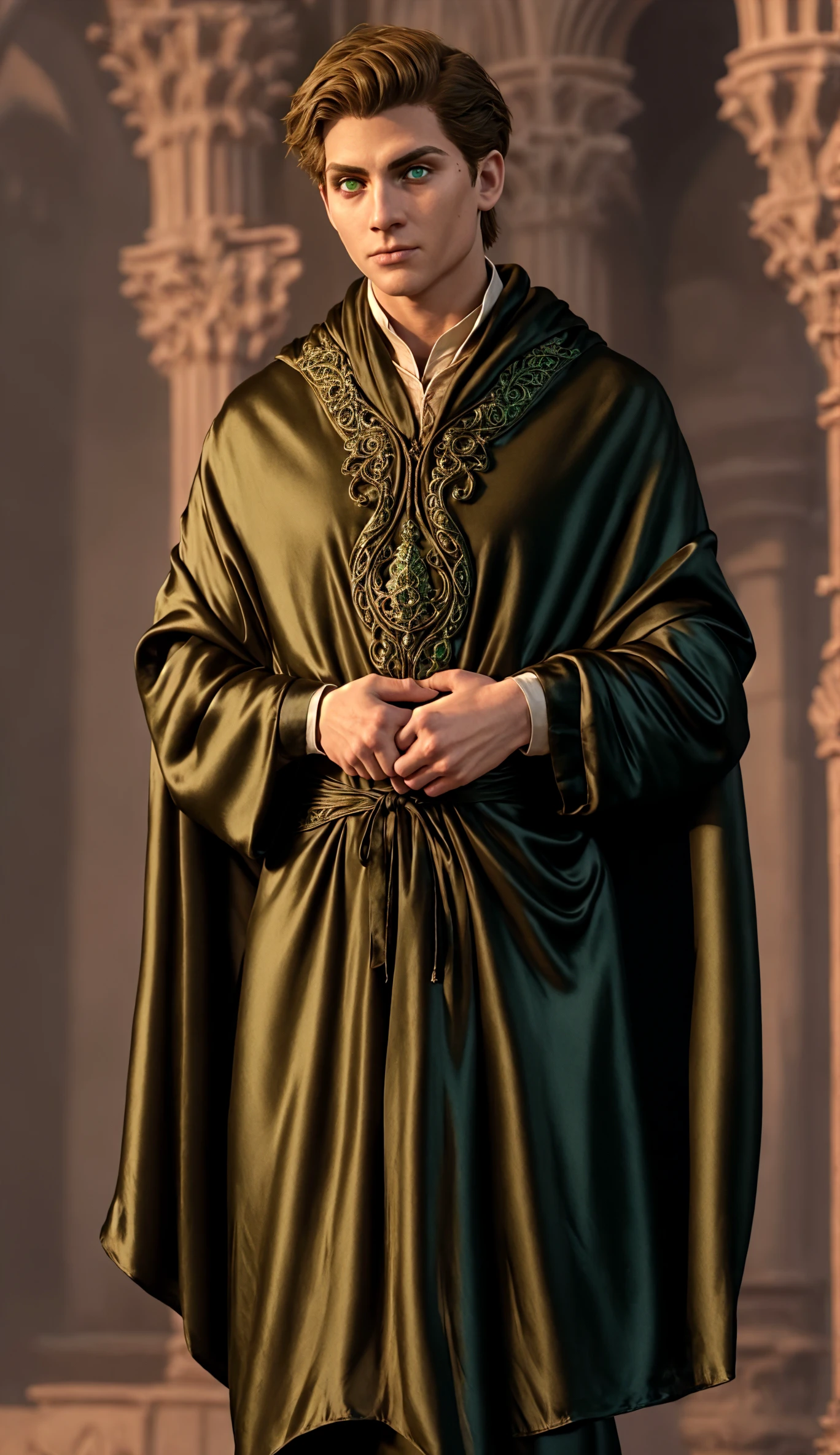 (face focus). (masculine:1.3), large strong physique:1.0, at outdoor gothic castle, (muscular;1.2), large muscles:1.1, ((wearing large long flowing ornate revealing green and black silk fantasy wizard robes:1.3)), (wearing matching long flowing cape:1.2), (green eyes), (fantasy theme:1.3), styled hair, confident, handsome, (((masterpiece))), (((best quality))), (dignified pose:1.2), male, athletic, looking at viewer, (short hair), lower color saturation:1, lower contract color:1, <lora:OminisGaunt (1):1>