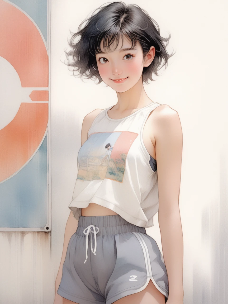 Ink pastel,front view,half portrait with waist up,a beautiful 20-year-old girl with neat short black hair,round eyes,cute,shy smile,designer sports shorts,comic illustration,attractive,revival mural,Antonio Boraiolo style,Yoshitaka Amano style,
Miho Hirano style,8K,high resolution.,