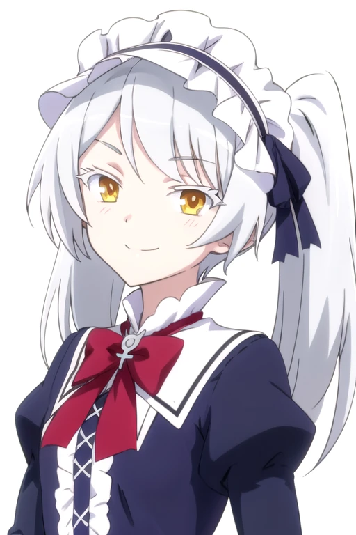 solo, 1girl, looking at viewer, 2D, anime, anime coloring, upper body, (simple background, solid white background:1.3), <lora:leen-isekaismartphone:0.8>, leen, maid, maid headdress, smile