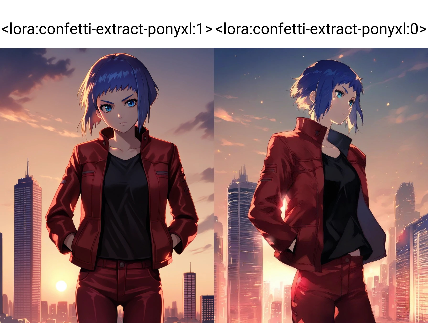 score_9, score_8_up, score_7_up, source_anime, <lora:confetti-extract-ponyxl:1> 1girl, solo, <lora:kusanagi-arise-ponyxl-000060:0.8> kusamoar, red jacket, black shirt, red pants, sunset, cityscape