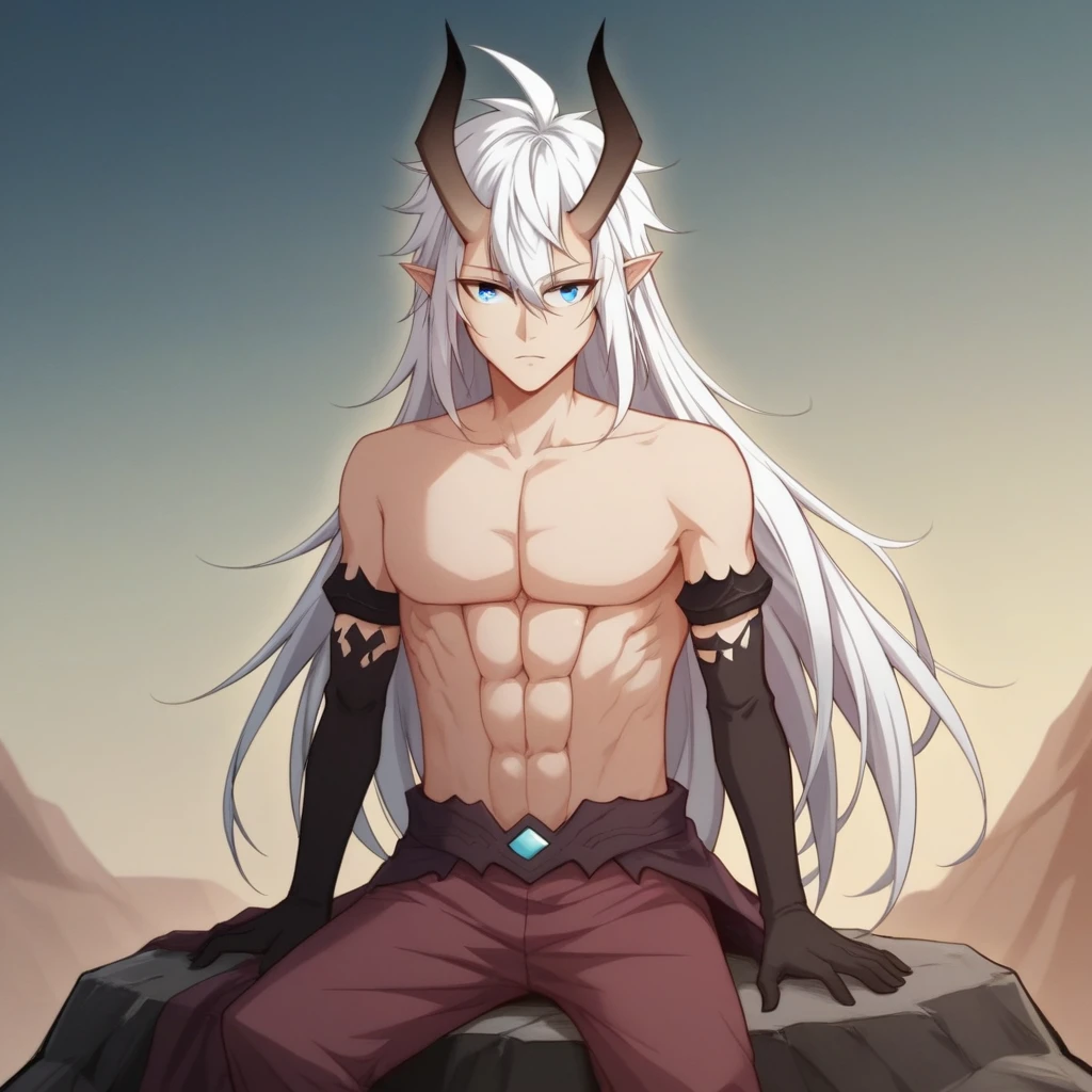 score_7_up, BREAK, Chenchangan,  1boy, solo, white hair, long hair, blue eyes, horns, pointy ears, topless, pants, waist cape , long gloves,  <lora:ChenChangan_DGod_PXL_Leaf1:1>, cowboy shot, sitting on rock,