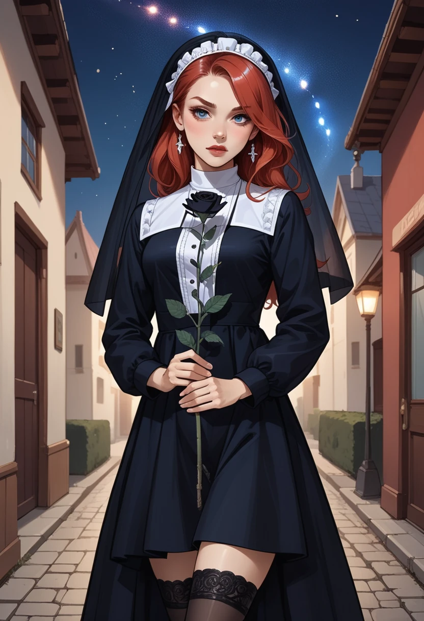 score_9, score_8_up, score_7_up, score_6_up, score_5_up, score_4_up, 1girl, blue eyes, long red hair, hud_s1n, short black dress, long sleeves, veil, thighhighs, holding a black rose, <lora:sinner-000008:0.7>, ouitdoors, night, starry sky