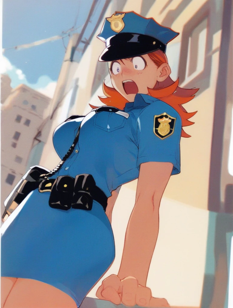 There is a woman in a police uniform, official, police official, (Yoshida Yuuko), brave police, Attire: cop, redhead woman, yoshida yuuko wearing a police uniform, high resolution commission, sheriff woman, Lois van Baarle y Rossdraws, bottomless, leotard blue, bare legs, standing, (((his hands are behind his body)),((The whole body is tightly bound.)) in dungeon,
