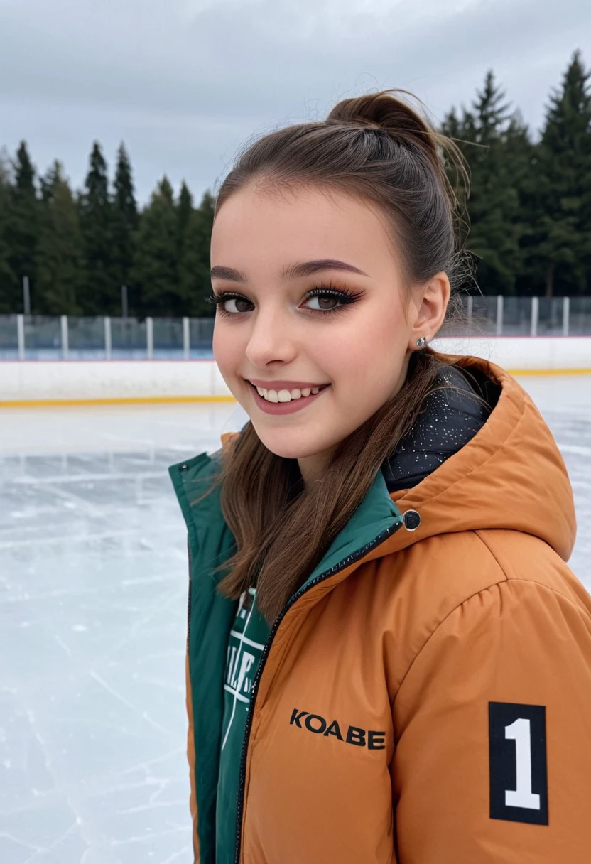 	1 girl, wearing jacket, outdoors, ice rink, skates, smile, eyeliner, makeup, 8k, ultra detailed face and eyes