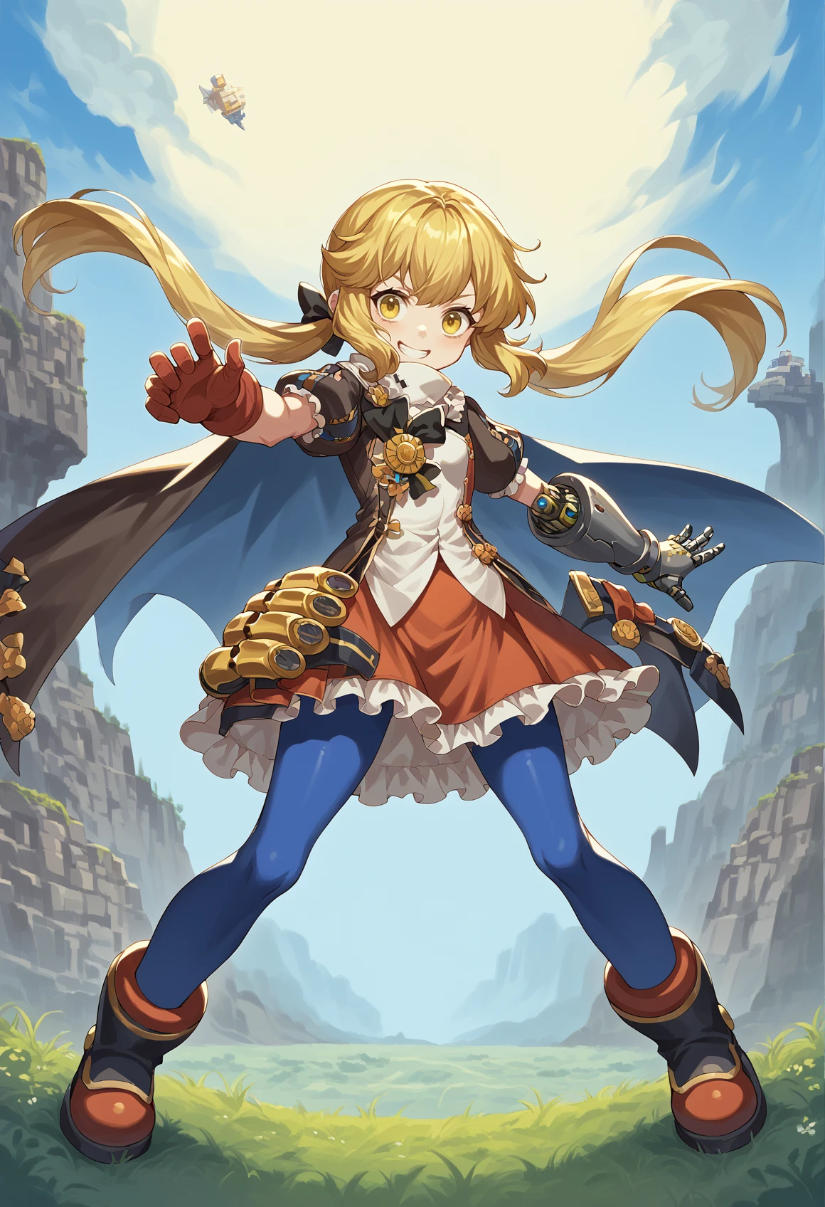 1girl, long hair, blonde hair, yellow eyes, low twintails, ribbon, dress, white shirt, puffy sleeves, short sleeves, red skirt, cape, blue pantyhose, boots, single knee pad,  elbow gloves, single gauntlet, toes, standing, dynamic pose, outdoors, valley, mechanical arm, rocket punch, oversized arm, giant arm, smile <lora:Vinci_XL:0.8> <lora:Hook_XL:1>, score_9, score_8_up, score_7_up, score_6_up, score_5_up, score_4_up, BREAK source_anime, masterpiece