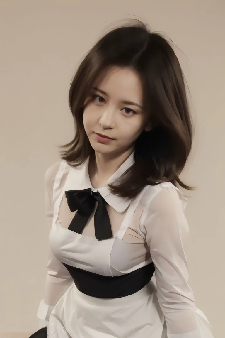 1girl, solo, medium breasts, looking at viewer, realistic, photorealistic, long hair, black hair, hyper detailed, super sharp, crisp, smooth, smooth gradients, depth of field, (in studio: 1.1), (white background: 1.1), <lora:91porn_chuizitanhua_04:1>, <lora:breastsizeslideroffset:-0.25>, <lora:skin_slider_v2_1_FACE:1>, <lora:add_detail_v5:1>, (pussy: 1.1), (sfw), apron, black ribbon, black skirt, black sleeves, detached collar, detached sleeves, flower, frilled apron, frilled skirt, frills, head wreath, long sleeves, maid, miniskirt, neck ribbon, purple ribbon, ribbon, ribbon trim, ribbon-trimmed sleeves, roswaal mansion maid uniform, short hair, skirt, thighhighs, waist apron, white apron, white thighhighs,
, (big eyes)