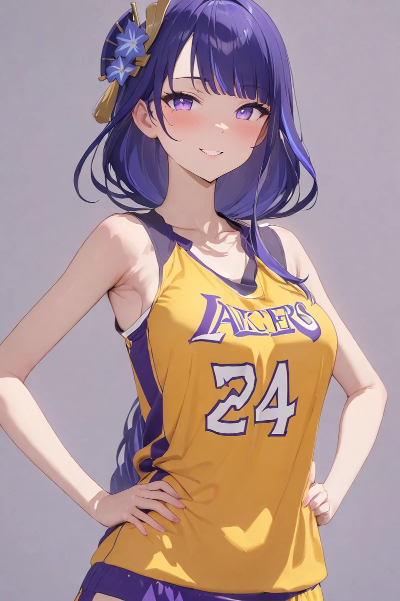 masterpiece, best quality, 1girl, solo,upper body,hands on hips,smile, yellow shirt, basketball uniform,simple background, <lora:No.24 jersey_xl:1>,raiden shogun,