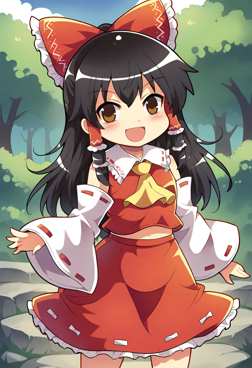 score_9, score_7_up, hd, (ultra hd quality details), outdoors, day,
solo, 1girl, hakurei_reimu,touhou,hair_bow,red_bow,detached_sleeves, yellow_ascot,frilled_bow,frilled_hair_tubes,red_skirt,ribbon-trimmed_sleeves,wide_sleeves,white_sleeves, long hair, black hair, brown eyes,
looking at viewer, smile, open mouth,
standing, chibi,
<lora:_colonel_aki_style-elesico:1>