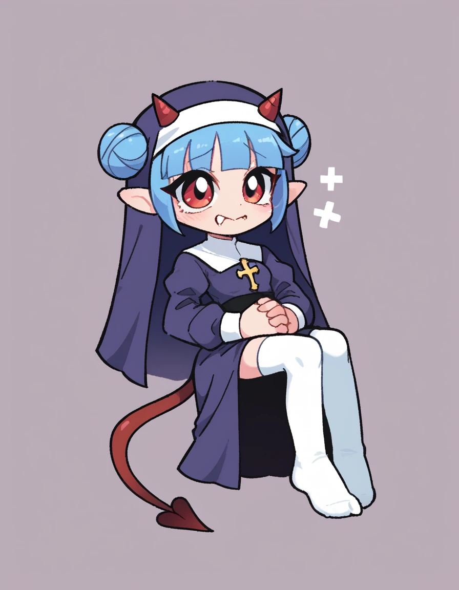 zPDXL, score_9, score_8_up, score_7_up, source_anime,
1girl, solo, nervous, (_carry), nun wearing purple habit with a veil and long-sleeves, ankle-length skirt, white stockings, traditional nun's coif, black pumps, reliquary containing a sacred relic, <lora:Nullantwins:0.8> Zhuu, blue hair, red eyes, pointy ears, red horns, demon tail, small breasts, fangs out, double bun, blunt bangs,,
<lora:KimKrab_v2:1> kimkrab