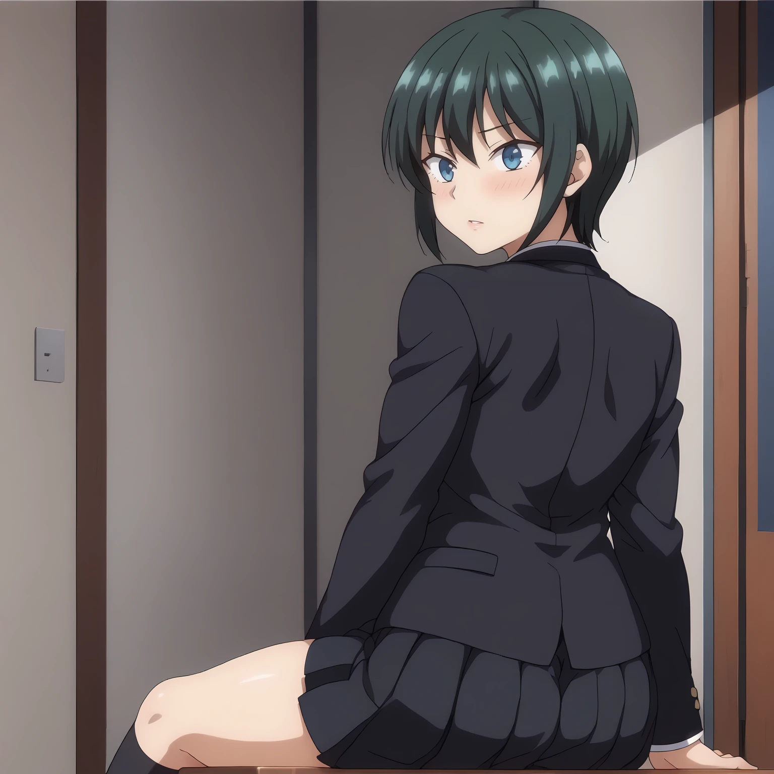 <lora:AkaneHasegawaXLpony001>,
blush,parted lips,
solo,
AkaneHasegawa,1girl,green hair,short hair,sidelocks,blue eyes,
school_uniform,black blazer,
pleated_skirt,black skirt,
black socks,l,
looking back,sitting,