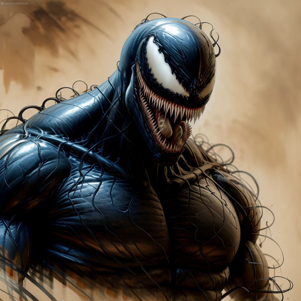 Venom, solo, open mouth, 1boy, upper body, male focus, teeth, no humans, muscular, sharp_teeth, monster masterpiece, highres, photorealistic, best quality, perfect lighting, 8k, realistic, photo-realistic, ultra-detailed, <lora:Venom:0.9>