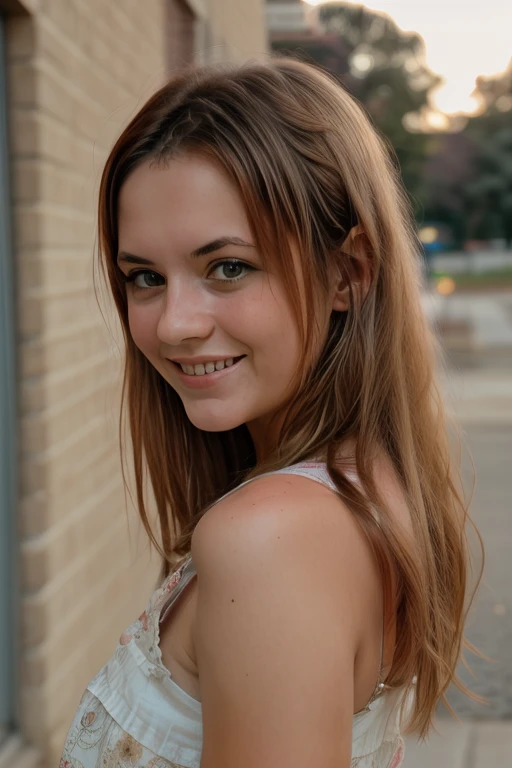 A very pretty brunette 22 years old, long hairstyle, freckles, beautiful eyes, great smile, nude, hairy pubic area, standing in street in Italy, length of field, professional photography, hasselblad quailty