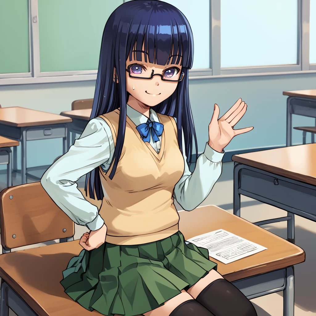 score_9, score_8_up, score_7_up, masterpiece, BREAK,
sumika_oohashi, sweatervest, glasses, green skirt, black thighhighs, smile, hand on hip, waving, sitting on desk,
 <lora:Sumika_Oohashi:1>