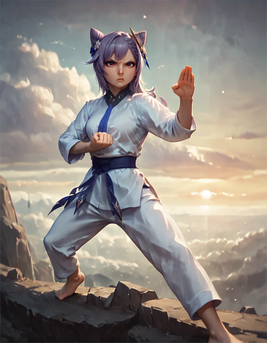 score_9, score_8_up, score_7_up, source_furry,
clenched fist,hand up,shuto uke fighting stance, eula,on side, one leg ahead,
keqing,black gloves,closed eyes, dramatic pov,
solo,looking at viewer, relaxed, wind,
clouds background, atop a cliff, sunset,
martial arts action , moviel,
<lora:shuto-uke:0.8>