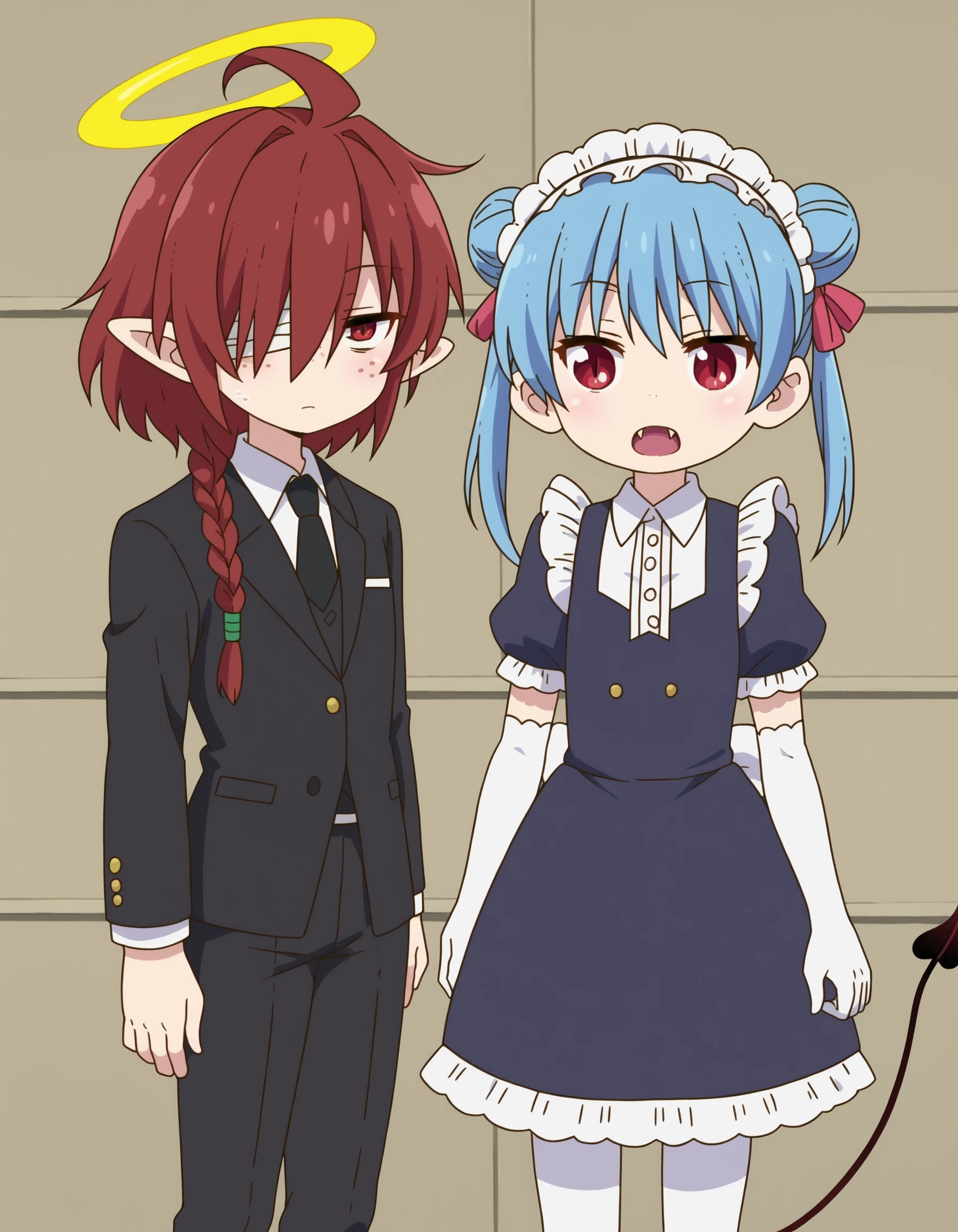 zPDXL, score_9, score_8_up, score_7_up, source_anime, (portrait), <lora:KobayashiDragonPack:1> drgmd, 2girls, multiple girls, <lora:Nullantwins:0.8>,
2girls, multiple girls, Lynn, red hair, red eyes, (bandage over one eye, hair over one eye), braided ponytail, halo, freckles, bags under eyes, jitome, ahoge, pointed ears, flat chest, black jacket, butler, white shirt, black tie, black pants,
2girls, multiple girls, Zhuu, blue hair, red eyes, pointy ears, fangs, large fangs, red horns, demon tail, flat chest, (double bun), white pantyhose, maid, maid headdress, black dress, elbow gloves, white gloves, juliet sleeves, short sleeves,