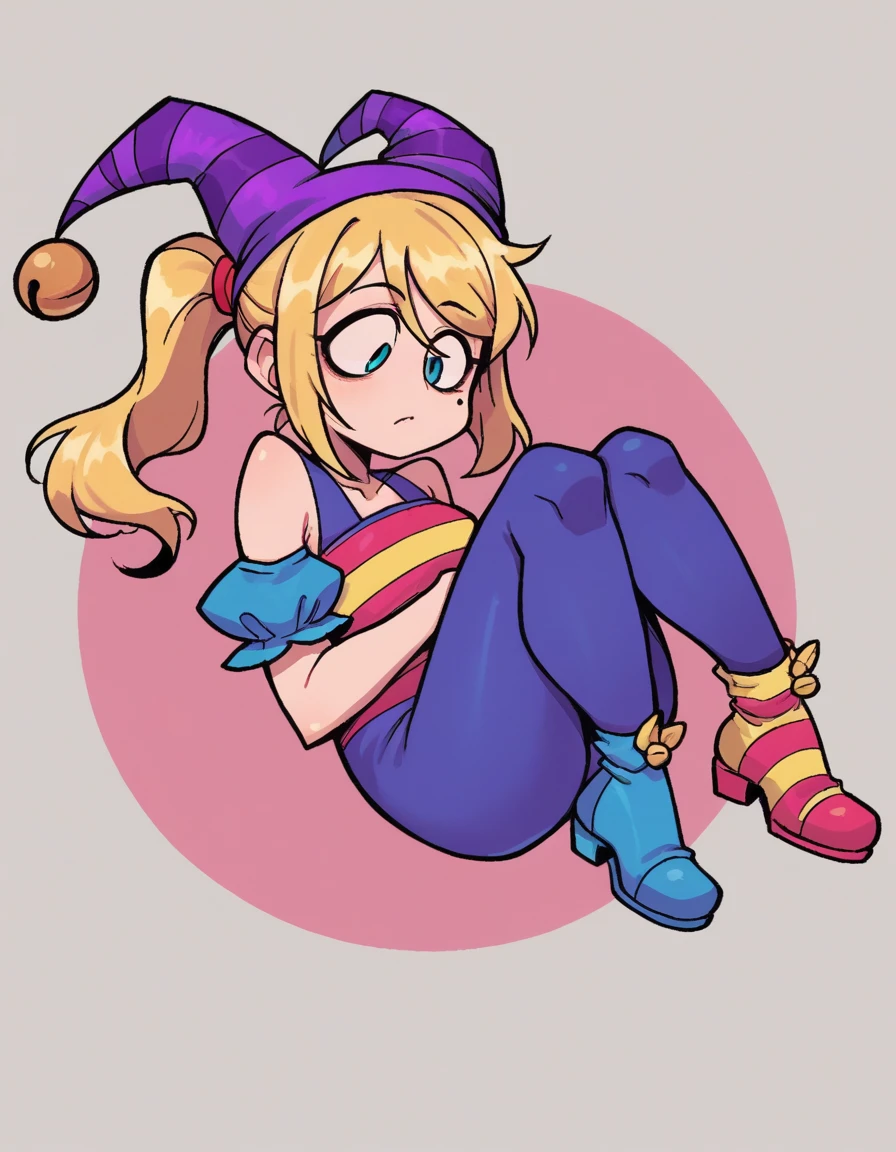 zPDXL, score_9, score_8_up, score_7_up, source_anime,
1girl, solo, expressionless, (child carry), jester wearing a jester hat with bells, striped dress with ribbons, colorful jester shoes , Samus, blonde hair, ponytail, mole under eye,
<lora:valbun_v2:0.8> valbun,