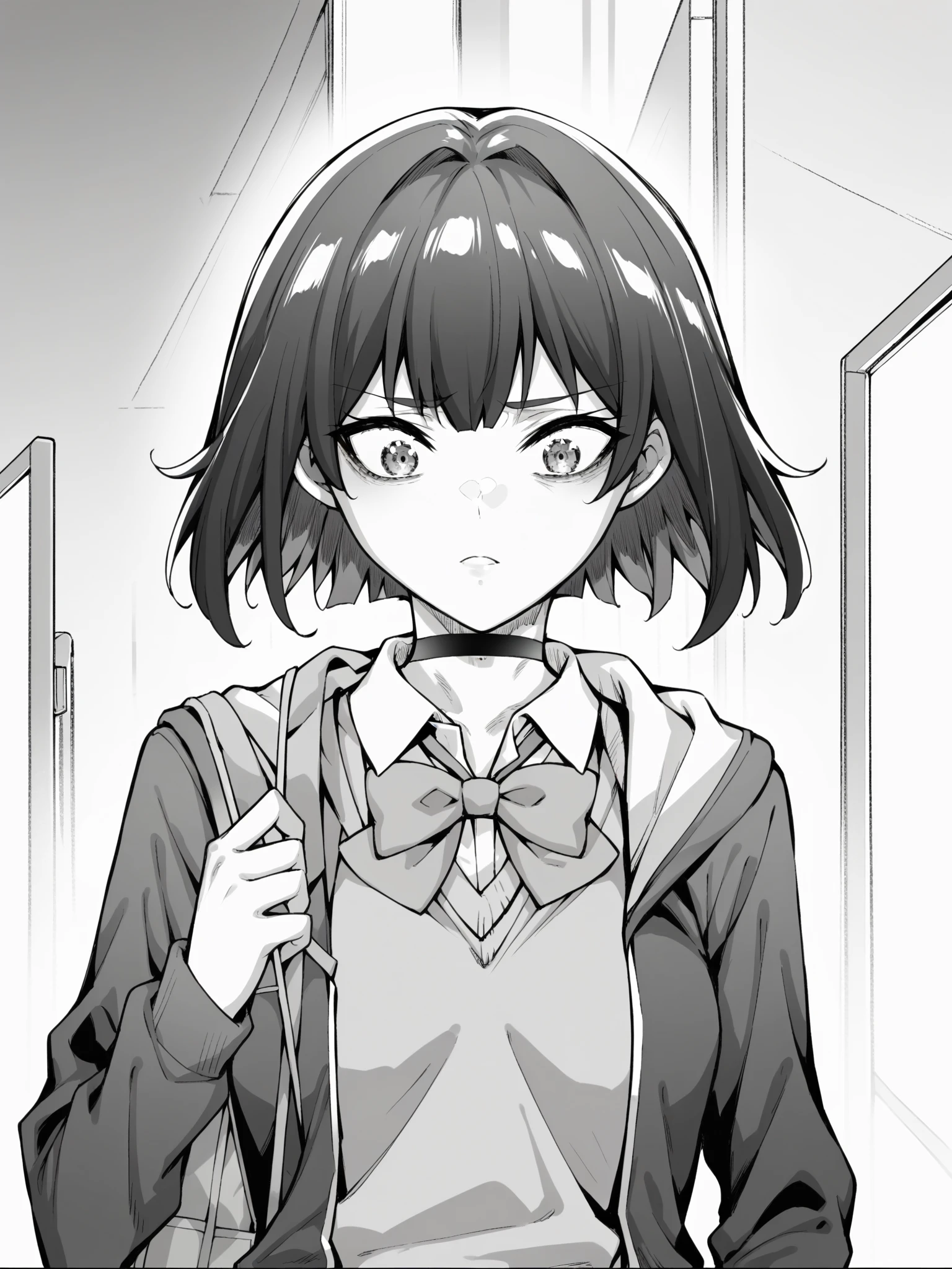 score_9, score_8_up, score_7_up, score_6_up, source_anime, anime screenshot, anime screencap, 2d,
1girl, solo, upper body,
greyscale, monochrome,
<lora:Tachibana_Yuu:1> Yuu_chanV1, medium hair, red eyes, black hair, 1girl, solo, skirt, shirt, bow, holding, school uniform, jacket, choker, collared shirt, hood, miniskirt, bowtie, bag, plaid, hoodie, black choker, plaid skirt, sweater vest, white socks, brown loafers