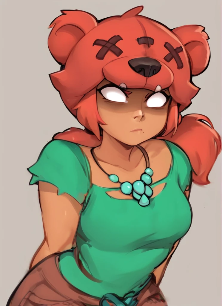 score_9, score_8_up, score_7_up, <lora:bsnita-000006:0.9>bsnita, dark-skinned female,   , 1 girl , solo , red hair ,necklace, green dress   ,ponytail,  ,bear ears ,,simple background,  white pupils,  shaded face,bear girl,   brown pants,   <lora:Kittew-4RCH0N:1> , 4RCH0N