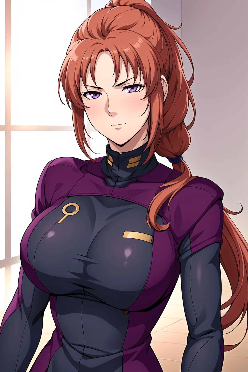 Simple purple Background,
dynamic pose,standing at attention,
purple uniform,bodysuit, long sleeves, turtleneck,
<lora:Marida_Cruz_Unicorn-KK77-V1:0.7>,
purple eyes, red hair,bangs,Long hair,ponytail,
<lora:more_details:0.1>,<lora:Oda_Non_Style-KK77-V2:0.3>,<lora:Sexy_AIart-KK77-V1:0.3>,
1 girl, 20yo,Young female,Beautiful long legs,Beautiful body,
Beautiful Nose,Beautiful character design, perfect eyes, perfect face,expressive eyes,perfect balance,
looking at viewer,(Focus on her face),closed mouth, (innocent_big_eyes:1.0),(Light_Smile:0.3),
official art,extremely detailed CG unity 8k wallpaper, perfect lighting,Colorful, Bright_Front_face_Lighting,White skin,
(masterpiece:1.0),(best_quality:1.0), ultra high res,4K,ultra-detailed,
photography, 8K, HDR, highres, absurdres:1.2, Kodak portra 400, film grain, blurry background, bokeh:1.2, lens flare, (vibrant_color:1.2),professional photograph,
(Beautiful,large_Breasts:1.4), (beautiful_face:1.5),(narrow_waist),