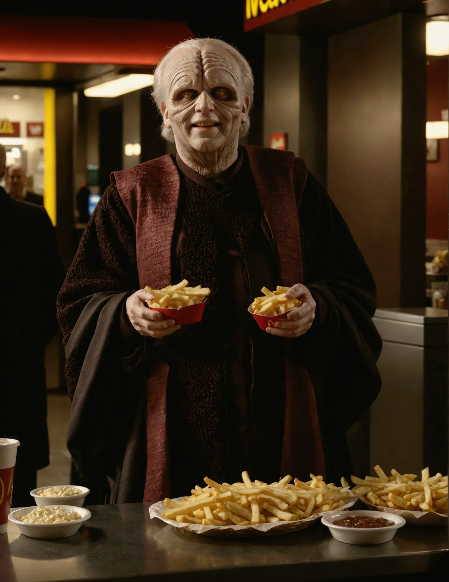 high resolution raw dslr full body shot photo of sidi0us serving fries in a mcdonald,in street,smile,illuminated from behind,realistic skin texture,dark robe without hoodie,pores,sweaty skin,skin imperfection,cinematic,depth of field,masterpiece,volumetric lighting,cinematic,surreal dramatic shadow,rim lighting