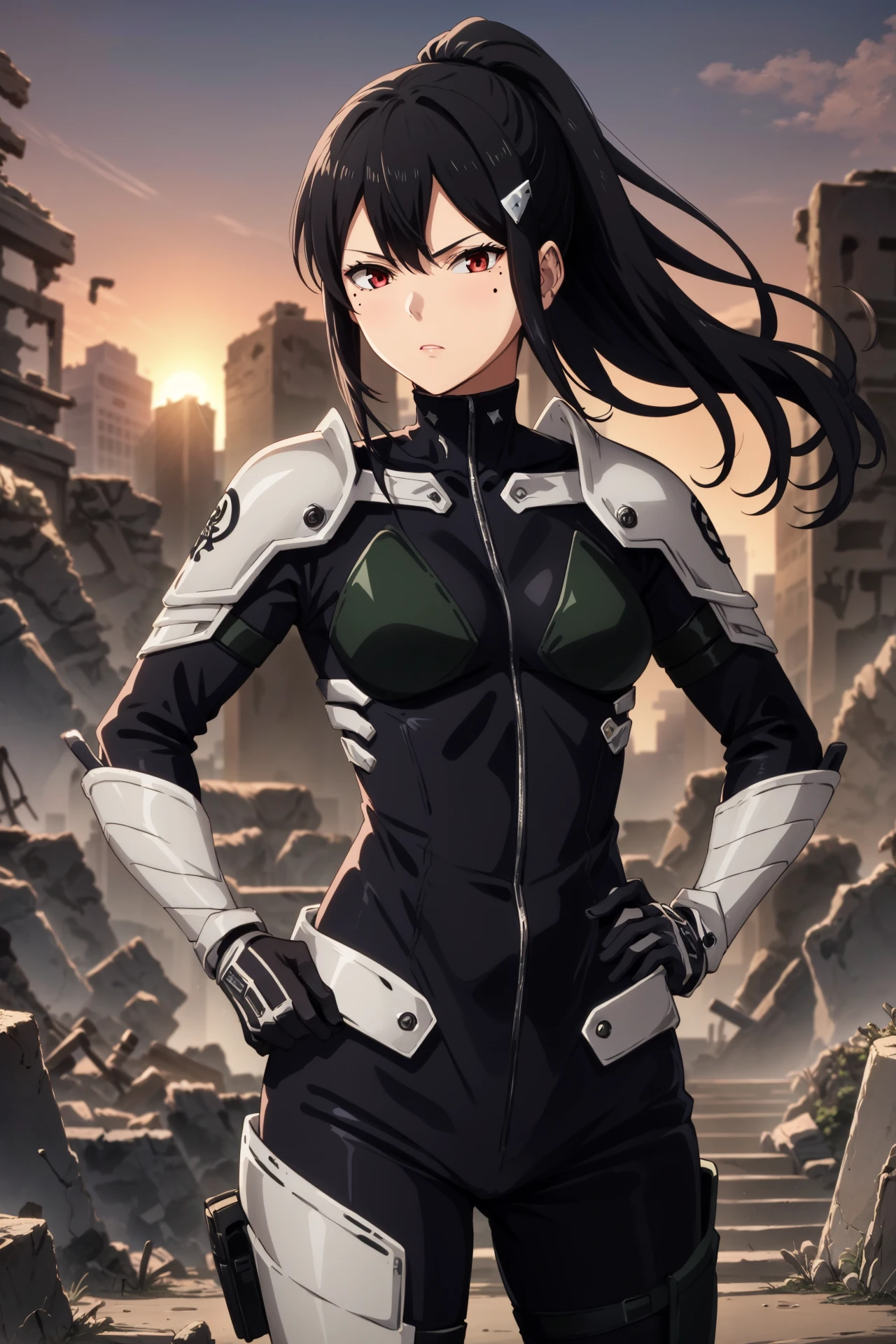 1girl, (masterpiece), (high quality, best quality), (intricate details, very aesthetic), pixiv, , perfect face, nice eyes and face, detailed face and eyes, (solo), textured skin, absurdres, highres, <lora:mina_ashiro-V1:0.7> ashiro_mina_wz, black hair, straight hair, sidelocks, hairclip, ponytail, red eyes, mole under eye, bodysuit, armor, breasts, black gloves, shoulder armor, standing, cowboy shot, hand on hip, serious, looking at viewer, city, sunset, ruins, city, post-apocalypse, science fiction, kaijuu, <lora:sd_v15_dpo_lora_v1:1><lora:sd_v15_dpo_lora_v1:1>