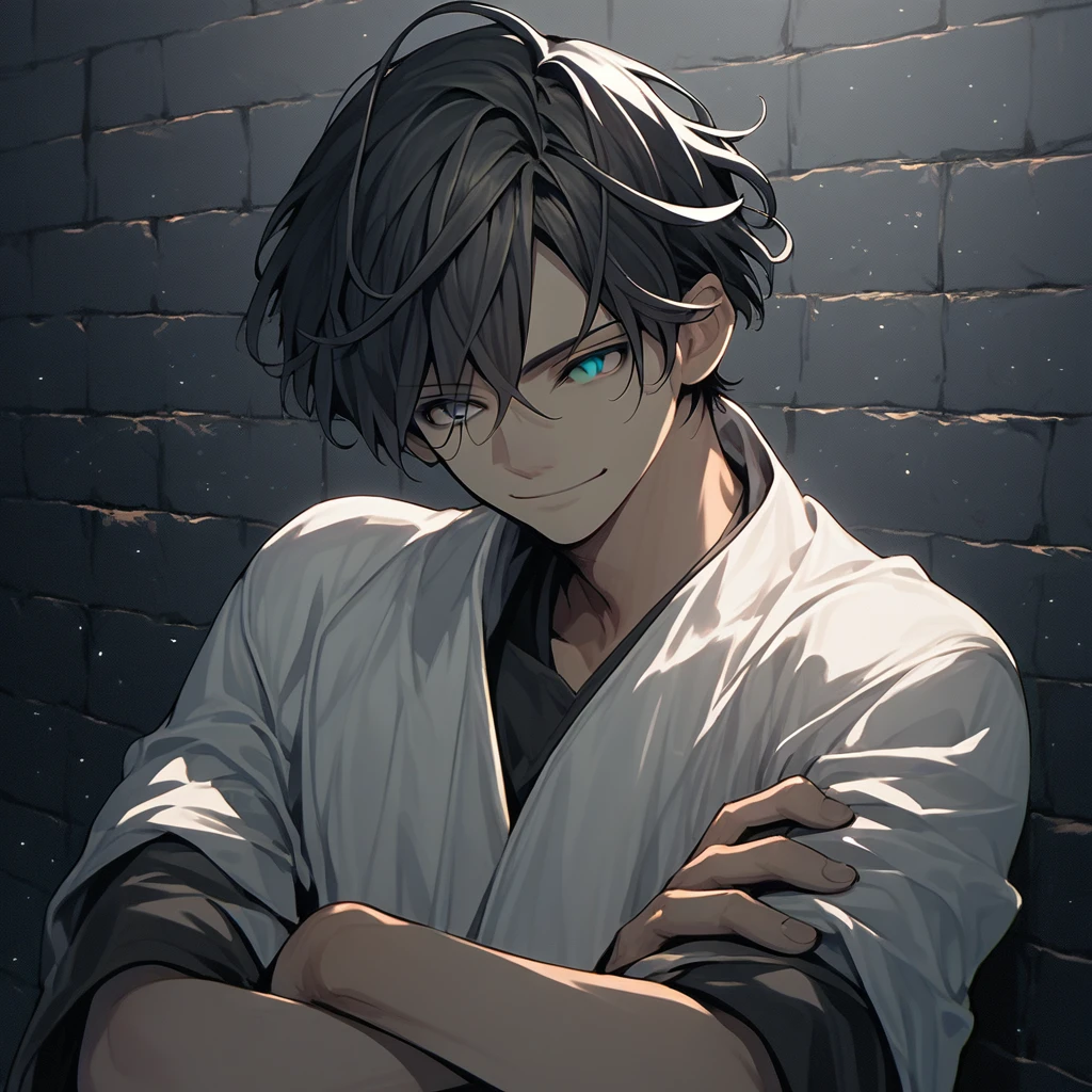 anime style, score_9, score_8_up, score_7_up, boy1, solo, wall lean, arms crossed, night, 1boy, solo,short hair, black hair, gray eyes, Soft smile,