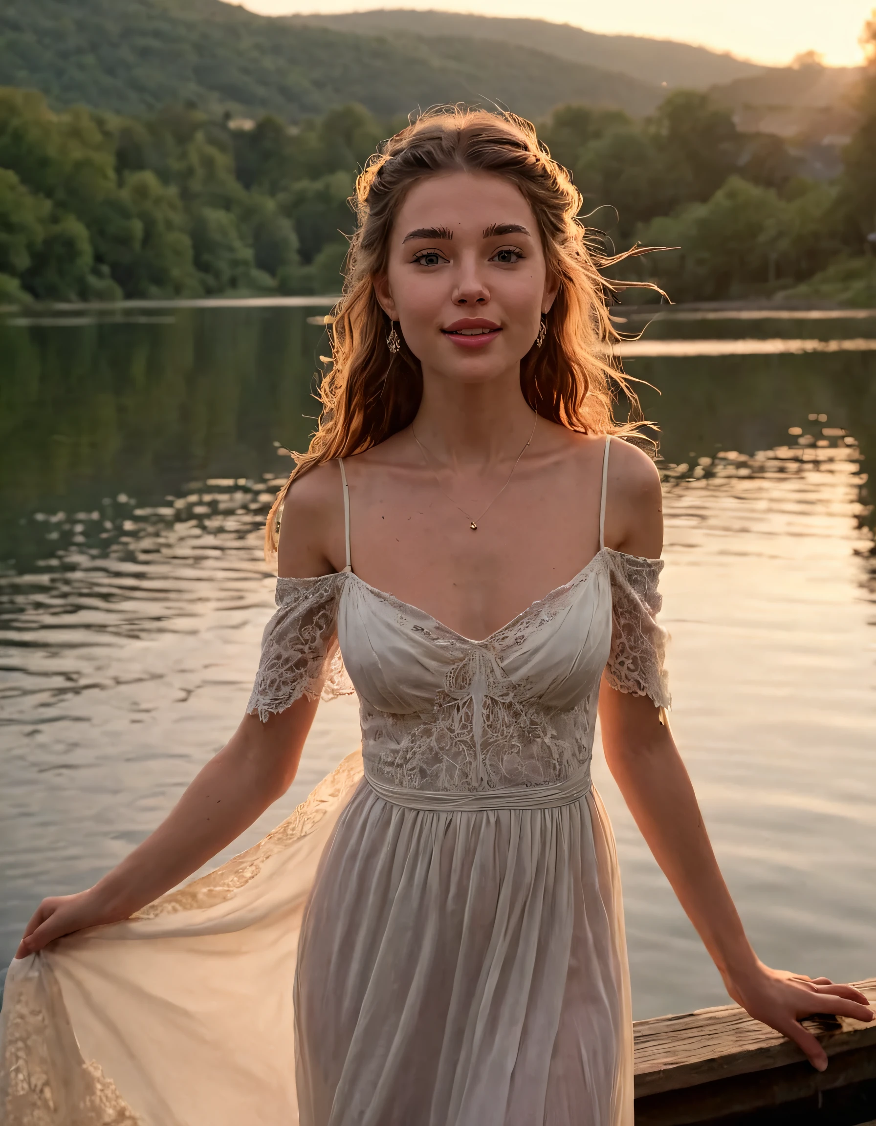 As the sun dips below the horizon, casting a golden glow upon the tranquil lake and the quaint village nestled in the hills beyond, Lilly stands on the weathered wooden dock, her long brown hair cascading down her back like a golden waterfall, framing her face as she gazes out across the water with a soft, enchanting smile. Her eyes, warm and inviting like a pair of dark chocolate chips, sparkle with an indescribable allure that seems to captivate anyone who beholds them. A delicate pair of earrings dangle from her ears, catching the light and casting shimmering reflections upon her creamy complexion. As the breeze whispers through the air, it playfully tousles the tendrils escaping from her loose braid, framing her face in soft wisps that dance around her brown eyes like ethereal tendrils of smoke. The camera captures this moment of timeless beauty, highlighting the sweep of her neck and the elegant curve of her collarbone, while also drawing attention to the intricate lacework at the hem of her flowing white maxi dress that dances tantalizingly on the surface of the water as it ripples beneath her. The scene is nothing short of magical, a moment frozen in time that seems to transcend reality itself. <lora:ntmhwy18fdbd28479tff:1>