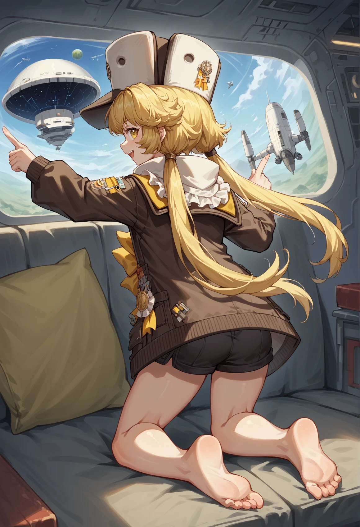 1girl, long hair, blonde hair, yellow eyes, low twintails, hat, brooch, yellow ribbon, brown coat, shorts, single knee pad, barefoot, kneeling, couch, indoors, smile, open mouth, looking at viewer, spacecraft interior, pointing up, from behind, back, widow, space, ass  <lora:Hook_XL:1>, score_9, score_8_up, score_7_up, score_6_up, score_5_up, score_4_up, BREAK source_anime, masterpiece