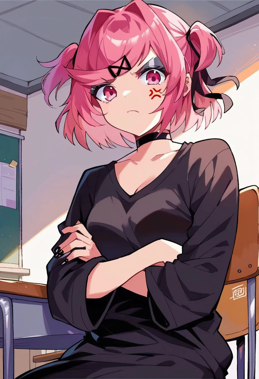 score_9, score_8_up, score_7_up, source_anime,
gothsuki, 1girl, pink hair, hair ornament, two side up, pink eyes, solo, bangs, hairclip, short hair, ribbon, choker, black nails, black choker, nail polish,
indoors, classroom, sitting, crossed arms, desk, chair, angry, anger vein,
looking at viewer, dutch angle, cowboy shot,