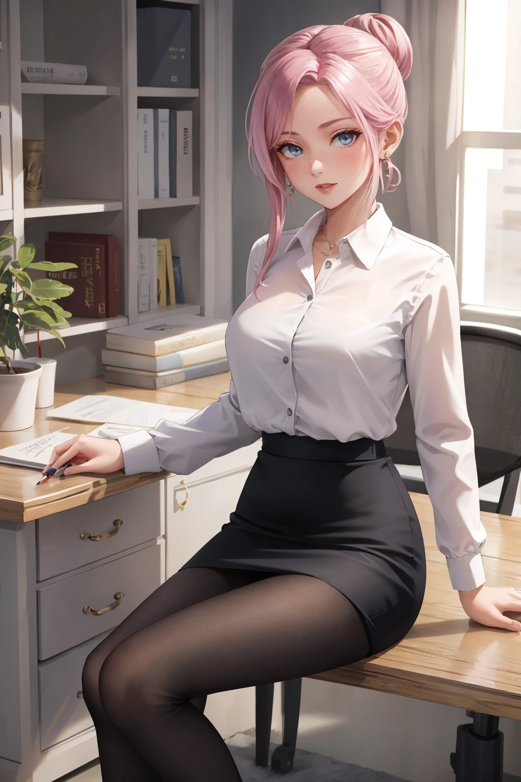 1lady,indoor,office,sitting BREAK
elise,pink hair,hair bun,offce lady,earrings,white shirt,pencil skirt,pantyhose,high heels,<lora:elise_v1.0:0.7>,