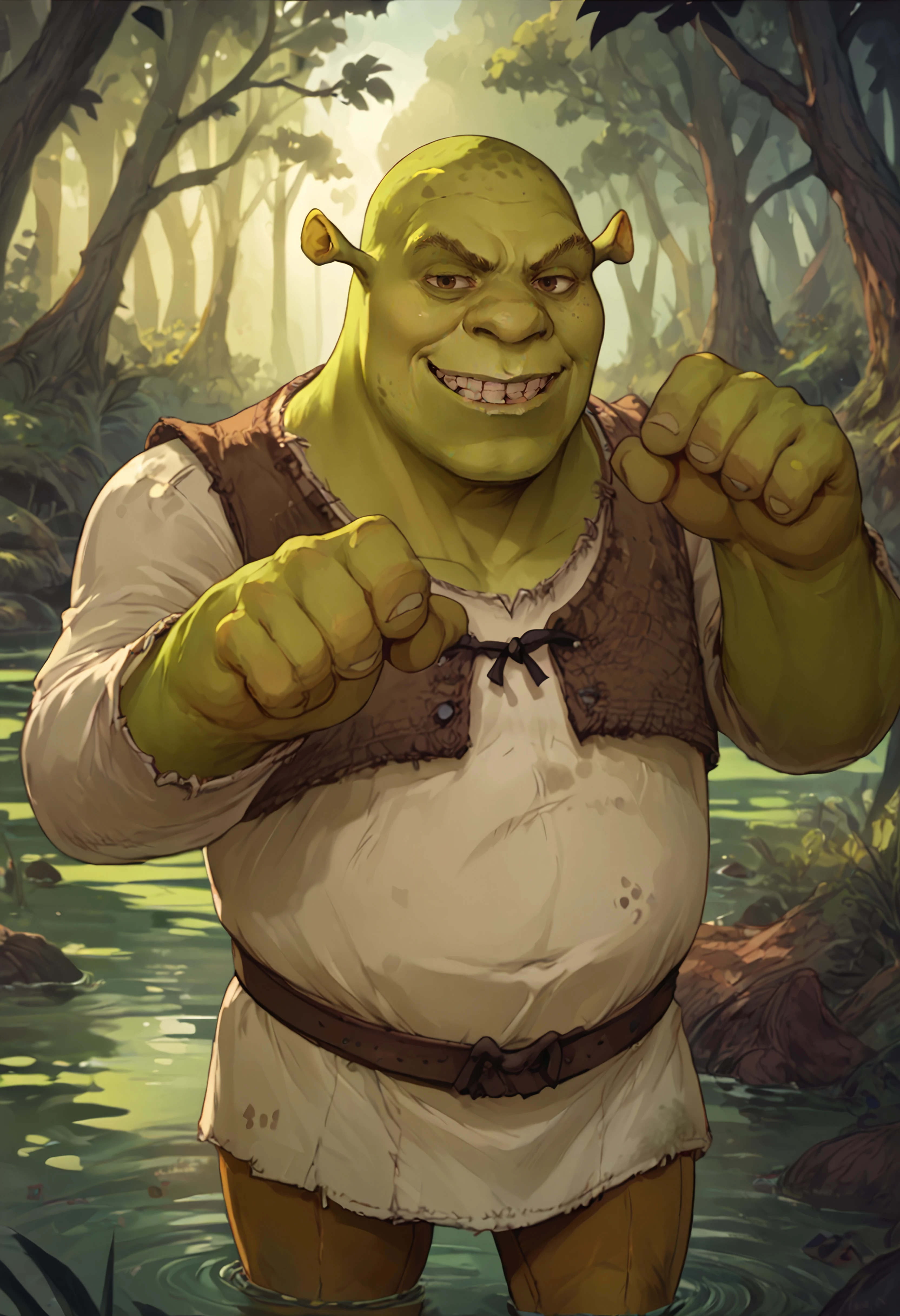 score_9, score_8_up, score_7_up, score_6_up BREAK <lora:csr_pd_unet_t2:1> solo,male focus,outdoors,swamp,dappled sunlight,cowboy shot,evil grin,shrek, green skin,paw pose <lora:Shrek_XLPD:0.8>