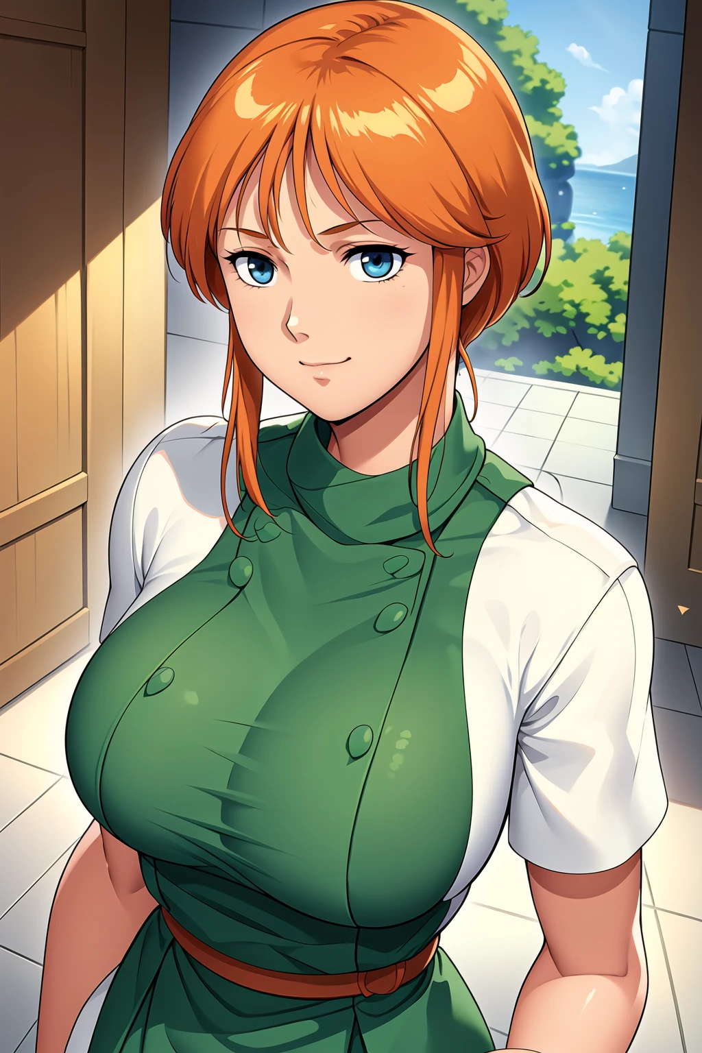 Simple White Background,
dynamic pose,standing at attention,
green outfit ,short sleeves,
<lora:Elpeo_Ple_ZZ-KK77-V1:0.7>,
blue eyes, orange hair,bangs,sidelocks,
<lora:more_details:0.1>,<lora:Oda_Non_Style-KK77-V2:0.3>,<lora:Sexy_AIart-KK77-V1:0.3>,
1 girl, 20yo,Young female,Beautiful long legs,Beautiful body,
Beautiful Nose,Beautiful character design, perfect eyes, perfect face,expressive eyes,perfect balance,
looking at viewer,(Focus on her face),closed mouth, (innocent_big_eyes:1.0),(Light_Smile:0.3),
official art,extremely detailed CG unity 8k wallpaper, perfect lighting,Colorful, Bright_Front_face_Lighting,White skin,
(masterpiece:1.0),(best_quality:1.0), ultra high res,4K,ultra-detailed,
photography, 8K, HDR, highres, absurdres:1.2, Kodak portra 400, film grain, blurry background, bokeh:1.2, lens flare, (vibrant_color:1.2),professional photograph,
(Beautiful,large_Breasts:1.4), (beautiful_face:1.5),(narrow_waist),