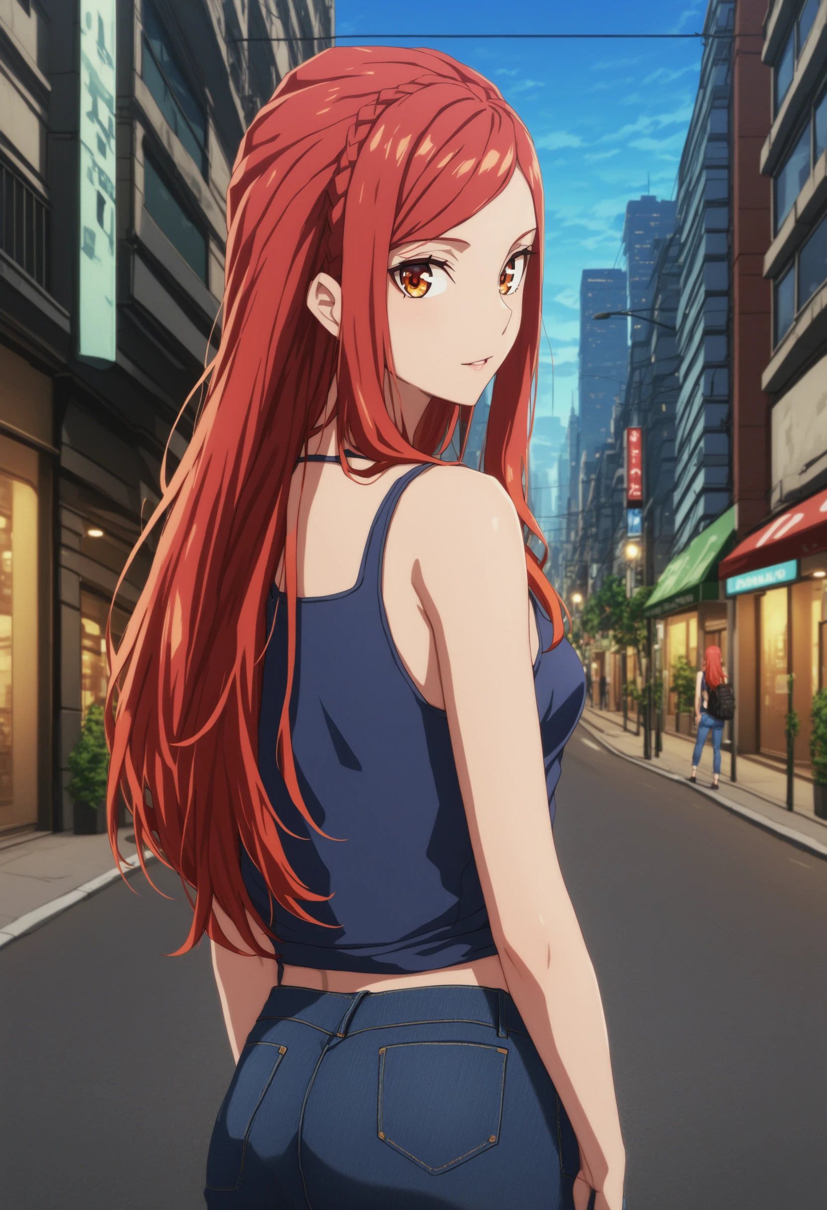 sysdeep_karnatia, 1girl, solo, long_hair, breasts, medium_breasts, orange_eyes, sidelocks, red_hair, looking_at_viewer, looking_back, city, blue_jeans, tank-top, outdoors, street, <lora:Karnatia Seri Anabald - [So Im a Spider So What] - SDXL Version 1:1>