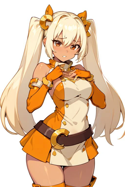 cassiecrushcrush, solo, 1girl, long hair, twin tails, skin tan, tan dress, orange knee boots, brown eyes, orange detached sleeves, orange fingerless gloves, brown belt, gold c hair ornaments, (masterpiece, best quality:1.2), simple background, thicc thights,