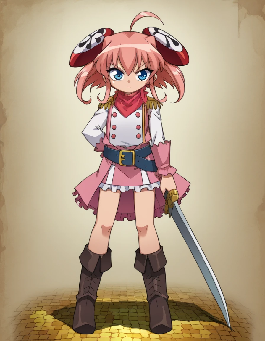 zPDXL, score_9, score_8_up, score_7_up, source_anime,
1girl, solo, <lora:Rizelmine_v2-20:0.8> rizel, ahoge, short hair, hair ornament, hairpods, pink hair, blue eyes, petite, flat chest, pirate wearing waistcoat in rich velvet fabric layered over a ruffled shirt, flowing skirt, knee-high boots embellished with ornate buttons, wide leather belt, bandana headscarf, rugged boots, treasure map, wielding blunderbuss, (portrait), <lora:Bleedman_v2:0.8> bldmn