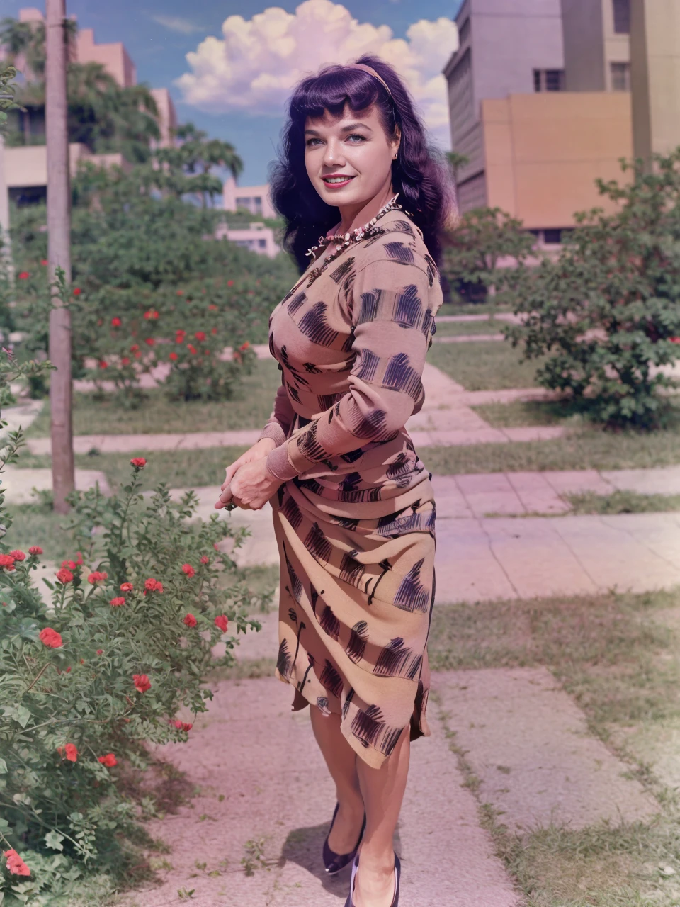 <lora:BettyPage:1> Betty page walking the streets, properly dressed, 4k, raw, master piece