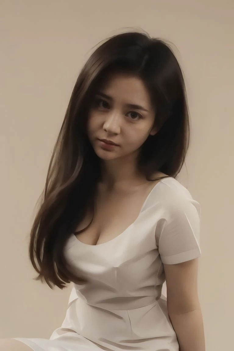 1girl, solo, medium breasts, looking at viewer, realistic, photorealistic, long hair, black hair, hyper detailed, super sharp, crisp, smooth, smooth gradients, depth of field, (in studio: 1.1), (white background: 1.1), <lora:91porn_chuizitanhua_04:1>, <lora:breastsizeslideroffset:-0.25>, <lora:skin_slider_v2_1_FACE:1>, <lora:add_detail_v5:1>, (pussy: 1.1), (sfw), nurse dress, (big eyes)