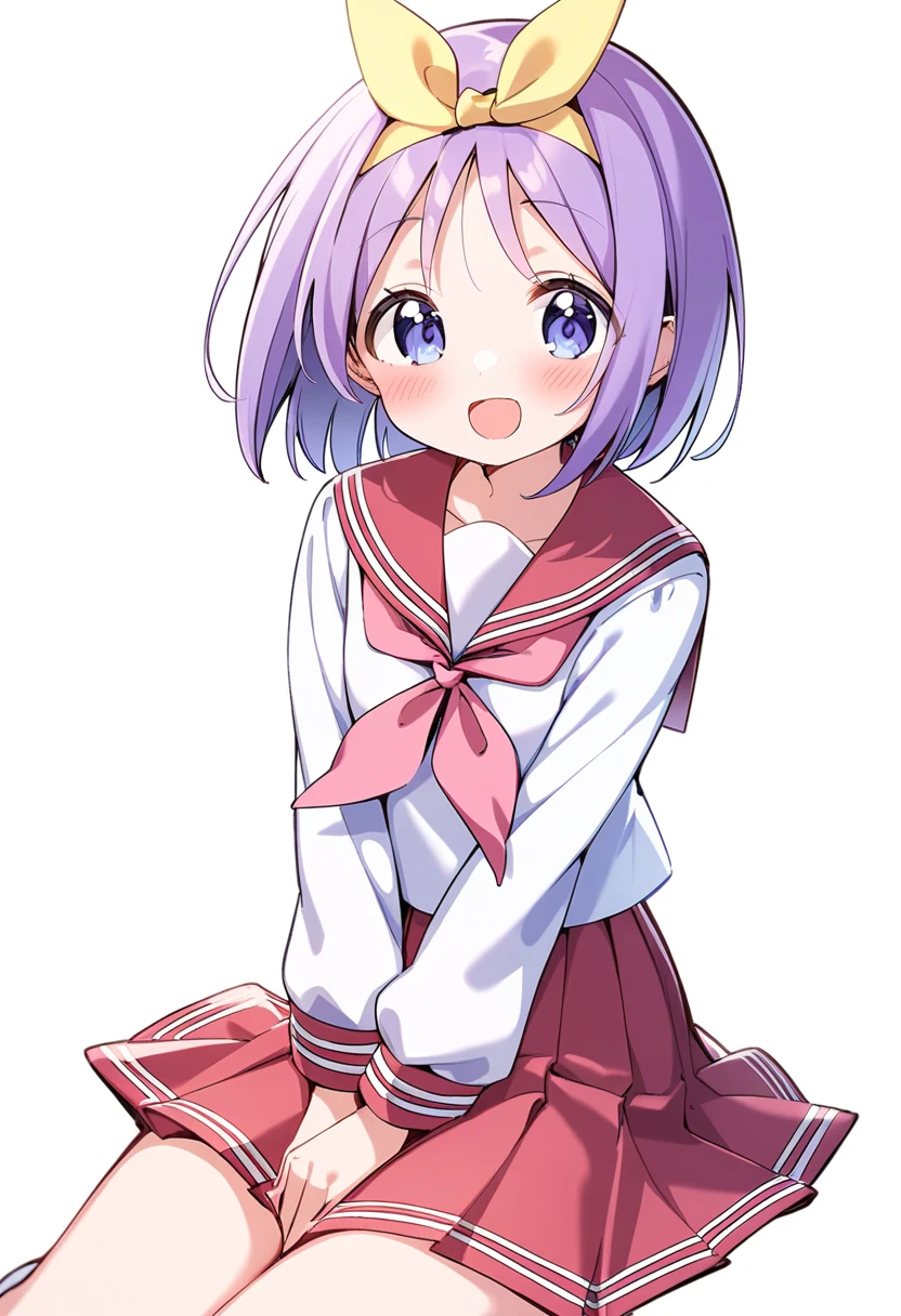 hiiragi tsukasa,1girl, ryouou school uniform, solo, school uniform, serafuku, neckerchief, skirt, short hair, red skirt, purple hair, white background, pink neckerchief, simple background, open mouth, red sailor collar, looking at viewer, red neckerchief, sailor collar, smile, blue eyes, pleated skirt, long sleeves, v arms, shirt, white shirt, blush, purple eyes, hairband, :d, ribbon, own hands together, yellow hairband
<lora:Luckystar A31 e1-000009:0.65>