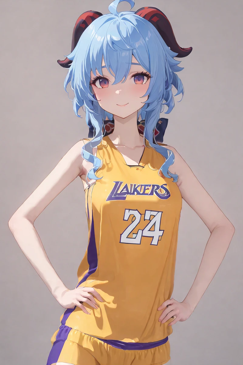 masterpiece, best quality, 1girl, solo,upper body,hands on hips,smile, yellow shirt, basketball uniform, ganyu \(genshin impact\),simple background, <lora:No.24 jersey_xl:1.5>