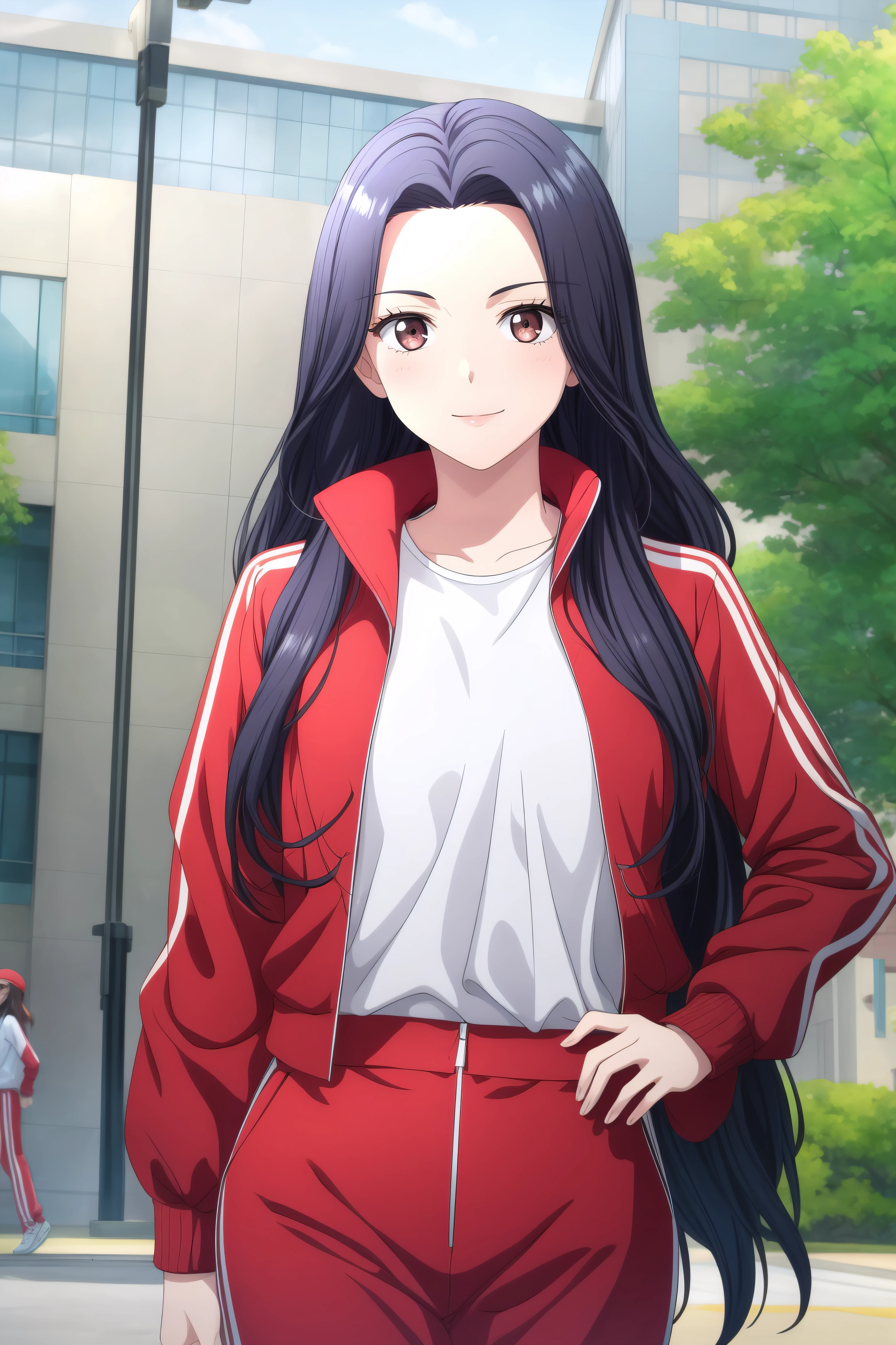 (masterpiece, best quality), <lora:geum-ok yeon-lora-Faxtron:0.8> geum-ok yeon, brown eyes, black hair, long hair, medium breasts, red track jacket, red track pants,
<lora:add_detail:0.8>