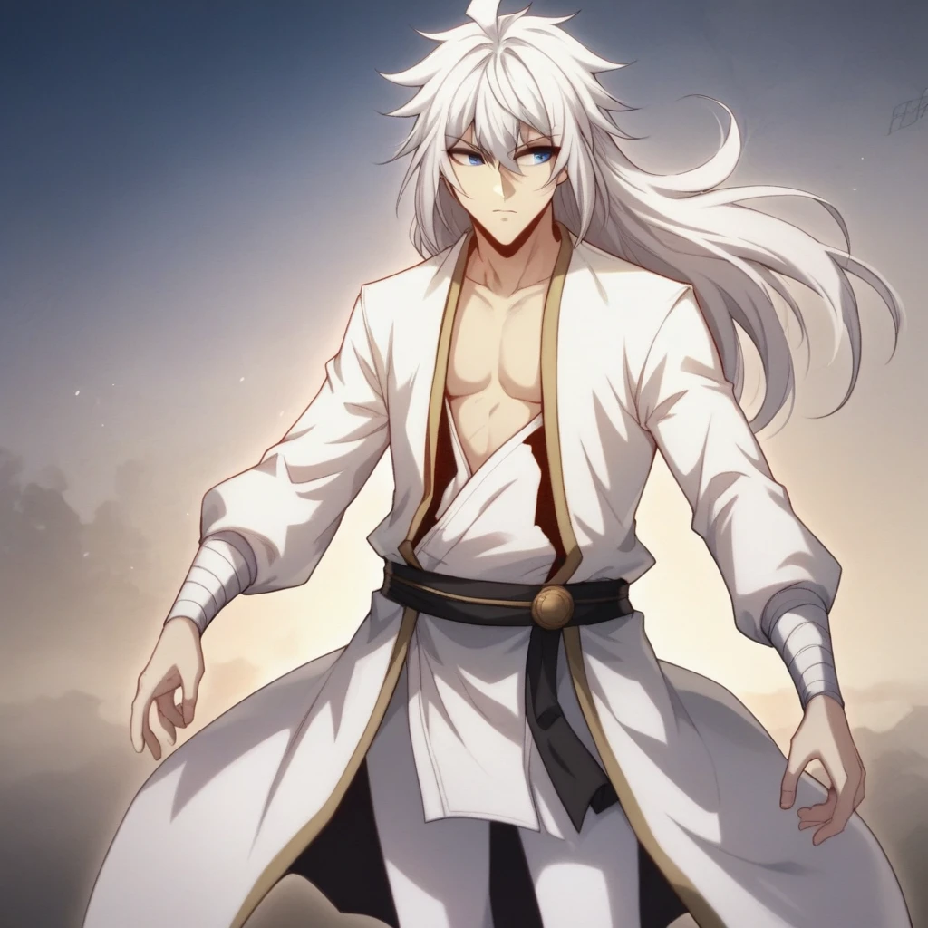 score_8_up, BREAK, Chenchangan,  1boy, solo, white hair, long hair, blue eyes, white hanfu, white top, long sleeves, open clothes,  white legwear, <lora:ChenChangan_Normal_PXL_Leaf2:1>, centered, cowboy shot,