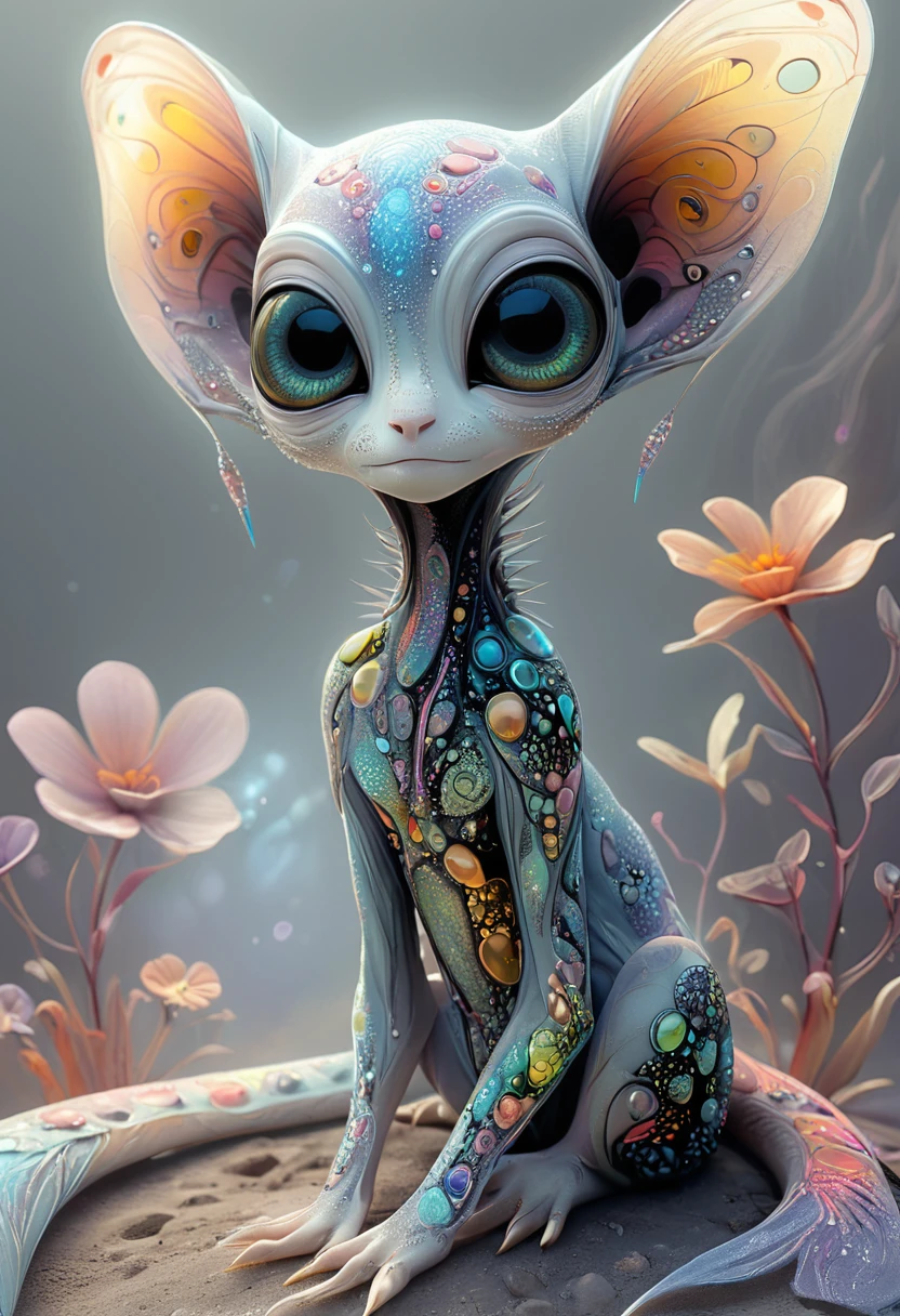 <lora:artfullyALIEN_SDXL_V1:1>,artln,A cute alien creature with big eyes, cartoon realism, cosmic inspiration, detailed anatomy drawing, detailed background elements, detailed rendering, ethereal sculptures, full body portrait, high detail., high resolution, high resolution., iridescent colors, large ears and a long tail sitting on the ground, long limbs and colorful patterns on its skin, made of fractals with a detailed background in the colorful fantasy realism style of an ethereal atmosphere with pastel colors and high resolution, many colors and patterns on its skin across its full body, pastel tones, pixar style., sitting in the style of detailed character design, ultra realistic photography.