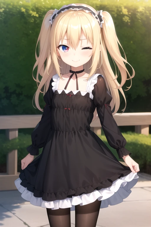 ((masterpiece)),(best quality),official art,extremely delicate and beautiful,extremely detailed CG,unity 8k wallpaper,ultra detailed,beautiful detailed eyes,extremely detailed face,outdoors,1girl,solo,cowboy shot,looking at viewer,facing viewer,smile,(petite:1.5),female child,Hasegawa Kobato,long hair,blonde hair,black hairband,two side up,sidelocks,hair between eyes,bangs,one eye closed,blue eyes,red eyes,black choker,ribbon choker,black ribbon,frilled dress,black dress,long sleeves,frills,small breasts,black pantyhose,mary janes,black footwear,<lora:Hasegawa Kobato(idhmf)>,