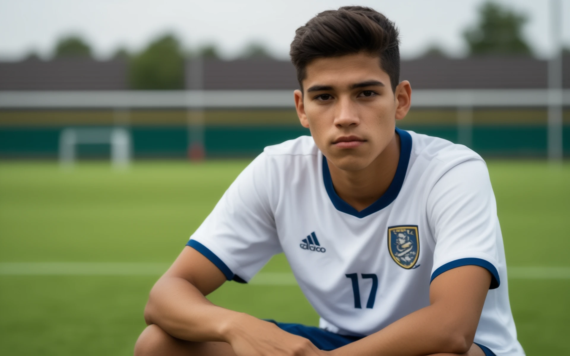 Portrait of Eduardo, a 20-year-old soccer player sitting on the pitch.