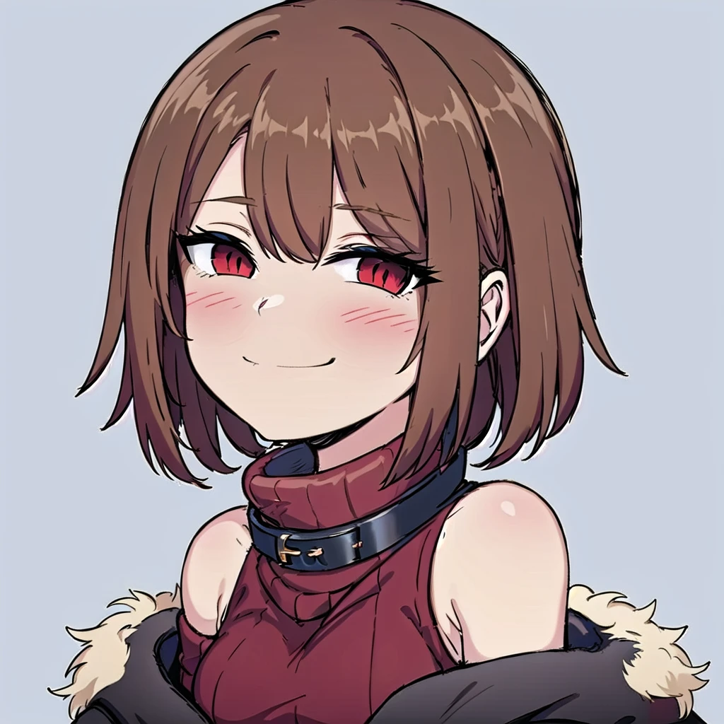 (masterpiece, best quality), charaSF, 1girl, solo, short hair, brown hair, red eyes, collar, black jacket, off shoulder, fur trim, red sweater, ribbed sweater, turtleneck, shoulder cutout, long sleeves, black shorts, blush, <lora:Chara__Storyfell-Undertale-000009:0.7>, <lora:smug face meme:0.8>, smug_face_meme