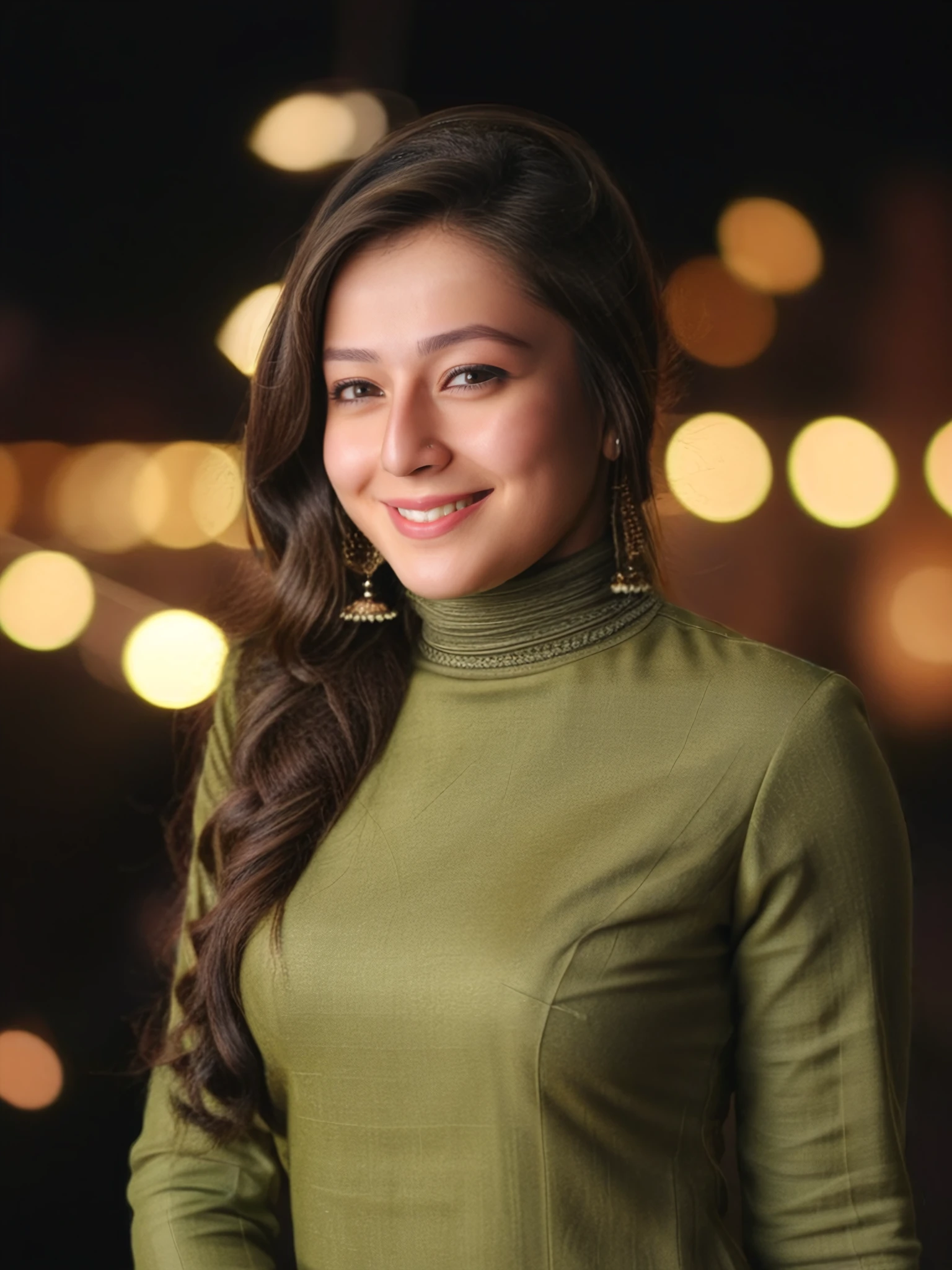 photo of a 30-year-old priyal gor woman,  Olive colored modest turtleneck, dynamic pose, smiling, facing camera, tied_hair, soft lighting, night time, city lights in bokeh   <lora:Priyal_Gor_SDXL_LoRA_adafactor:1>